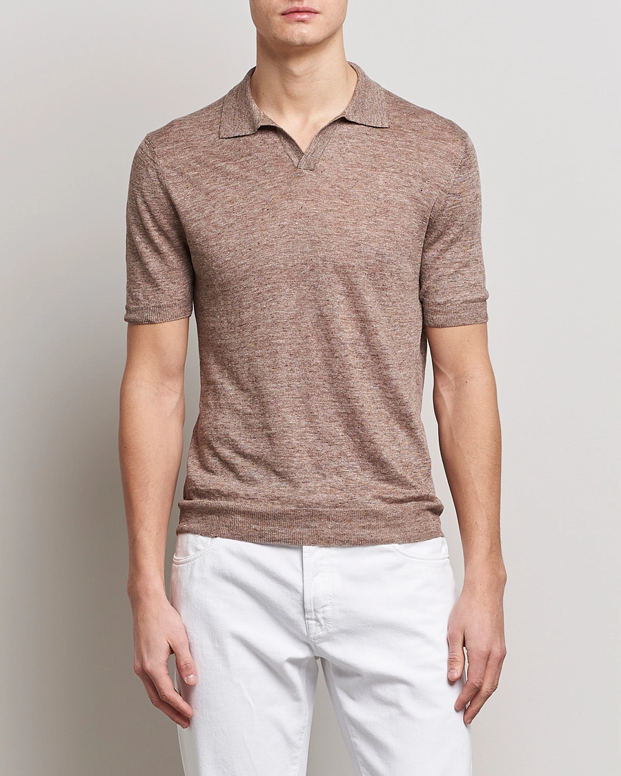 Homme | Polos | Gran Sasso | Knitted Linen Polo Medium Brown