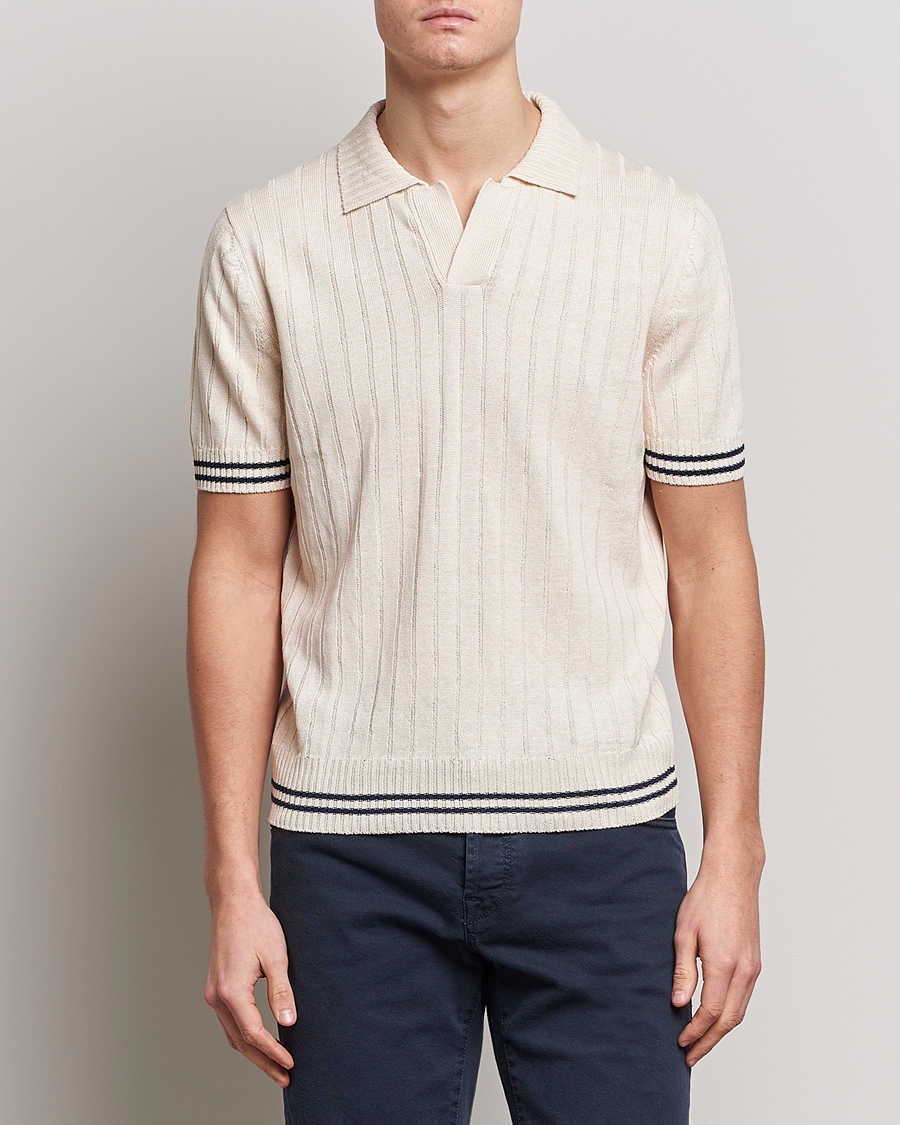 Homme | Polos | Gran Sasso | Cotton/Linen Structured Knitted Polo Cream