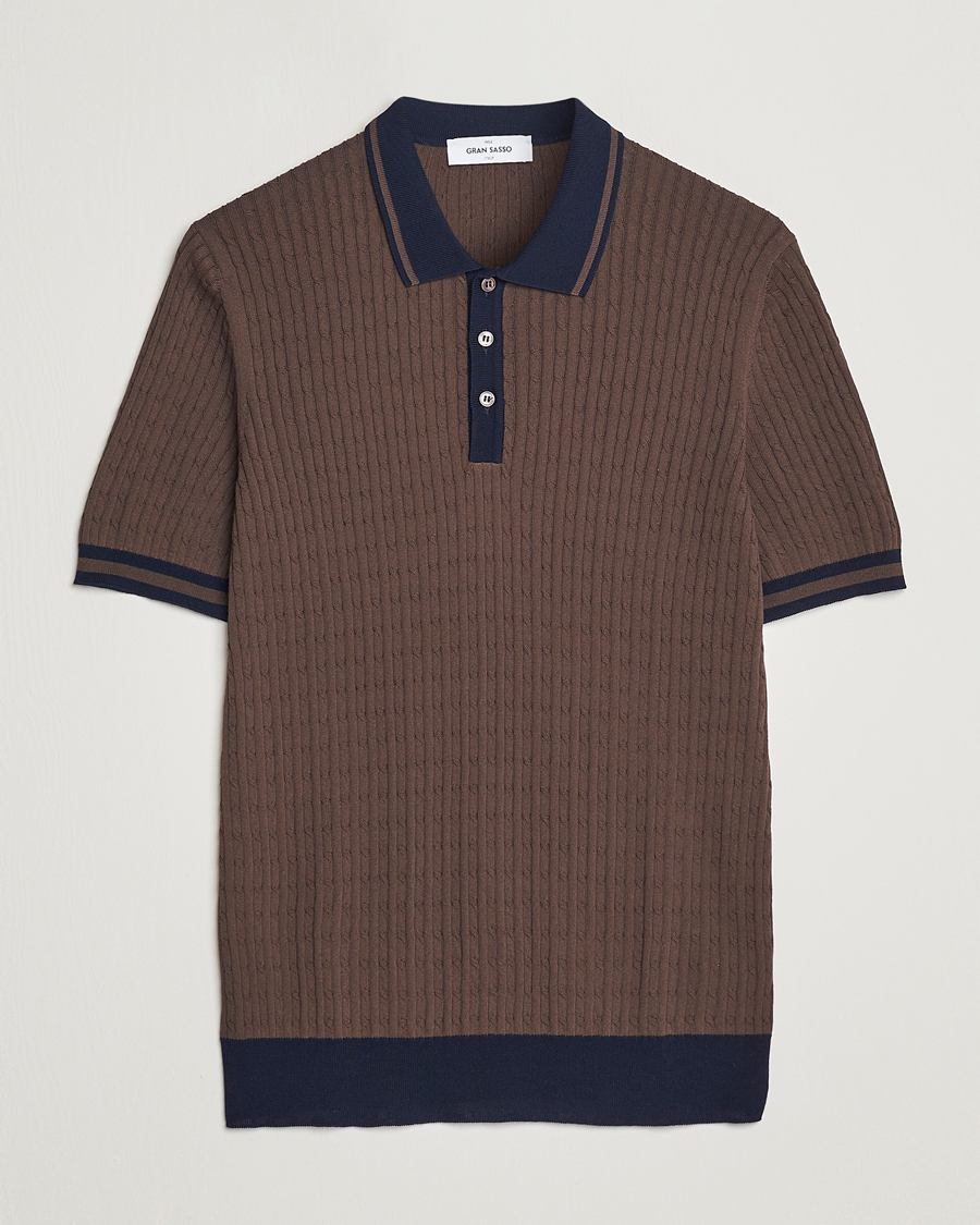 Homme | Polos | Gran Sasso | Cable Knitted Contrast Polo Dark Brown