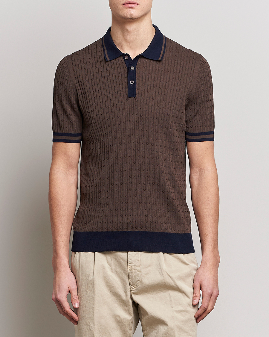Homme | Polos | Gran Sasso | Cable Knitted Contrast Polo Dark Brown