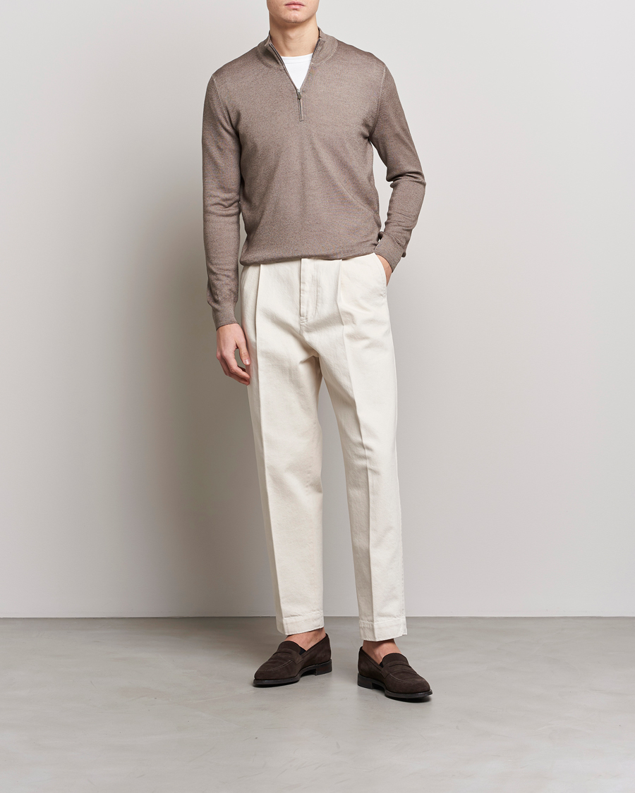 Homme | Pulls Et Tricots | Gran Sasso | Summer Merino Half Zip Sweater Brown Melange