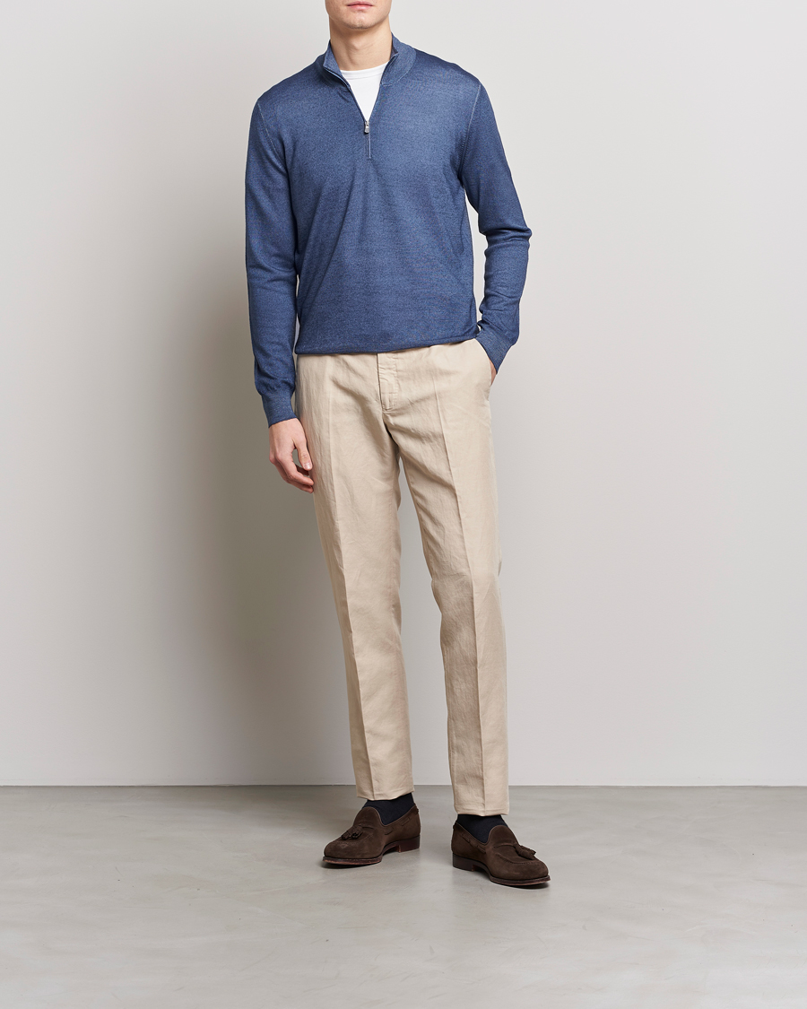 Homme | Pulls Et Tricots | Gran Sasso | Summer Merino Half Zip Sweater Blue Melange