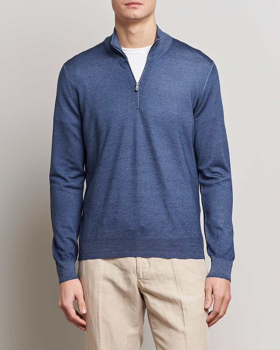 Homme | Pulls Et Tricots | Gran Sasso | Summer Merino Half Zip Sweater Blue Melange