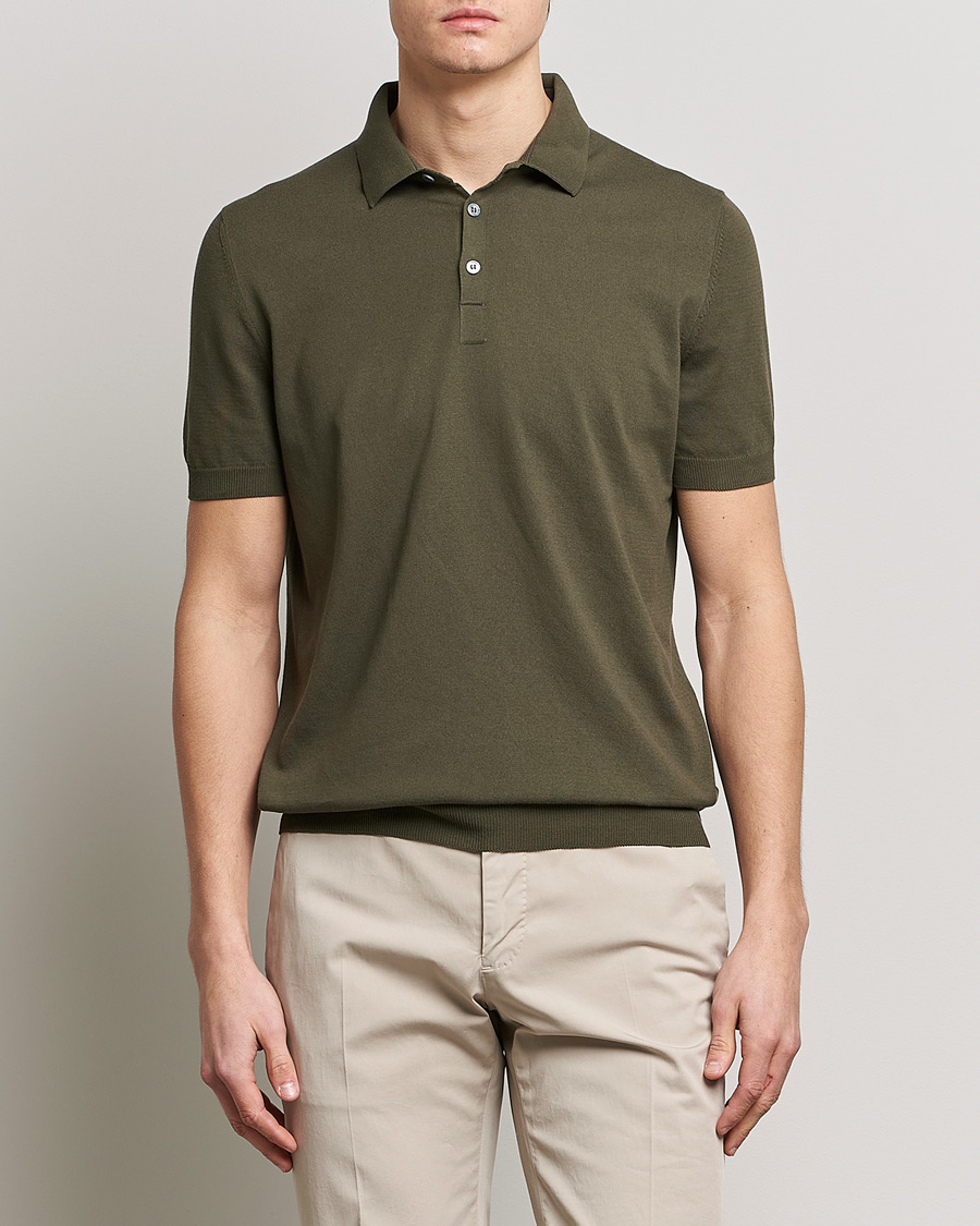 Homme | Polos | Gran Sasso | Cotton Knitted Polo Dark Olive