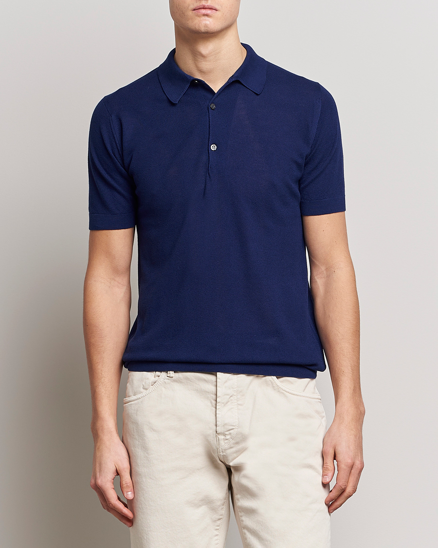 Homme | Polos | John Smedley | Roth Structured Pique Marine Blue