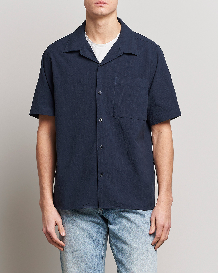 Homme | Chemises | NN07 | Julio Seersucker Short Sleeve Shirt Navy Blue