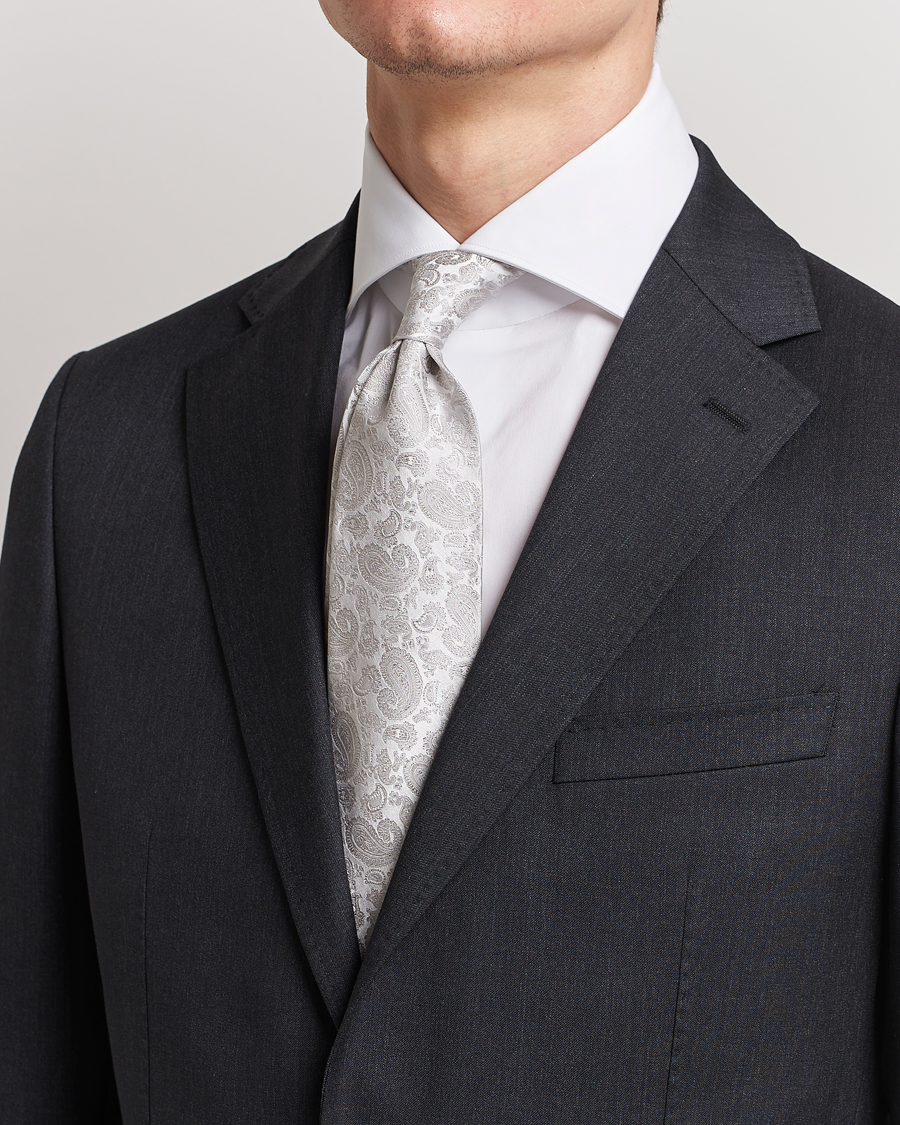 Homme |  | Amanda Christensen | Silk Tonal Paisley Tie 8 cm Silver