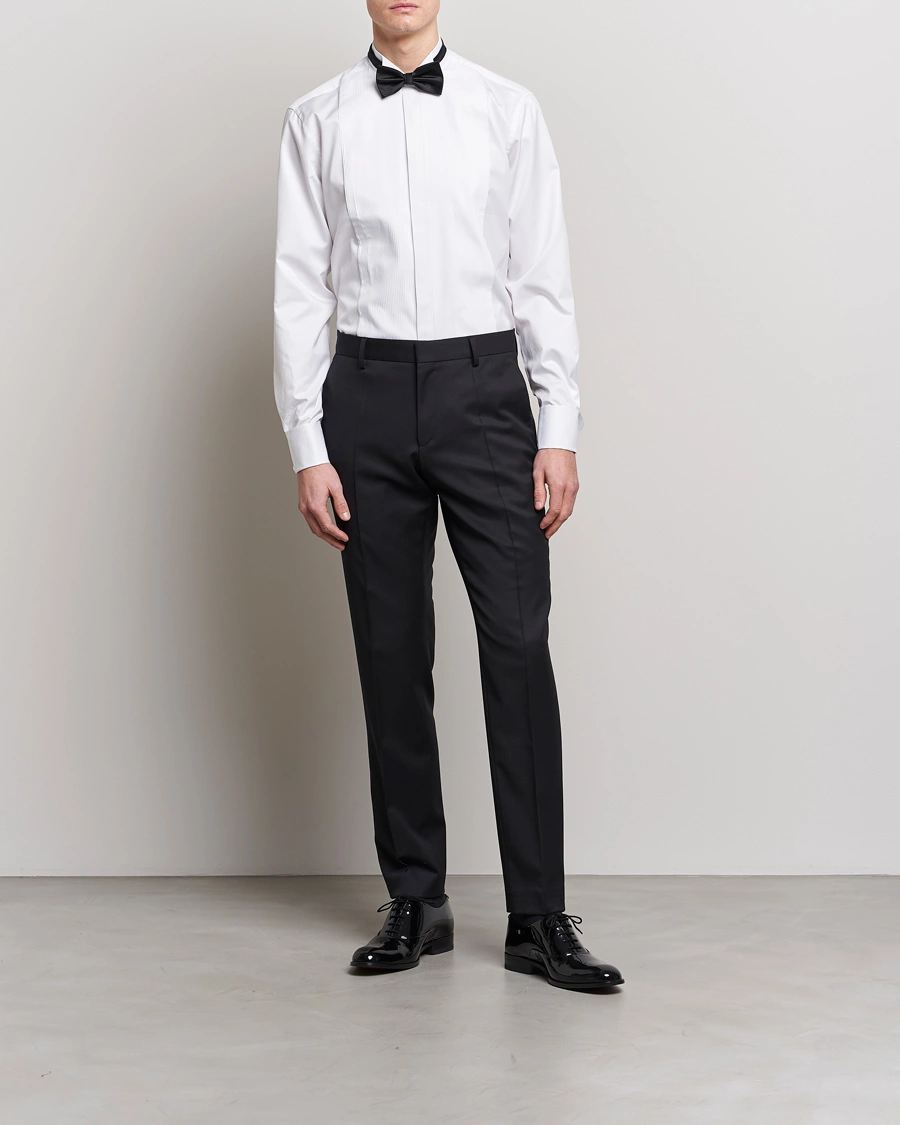 Homme | Cravate Noire | Stenströms | Fitted Body Stand Up Collar Plissè Shirt White