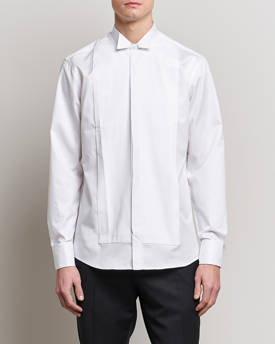 Homme | Chemises | Stenströms | Fitted Body Stand Up Collar Plissè Shirt White