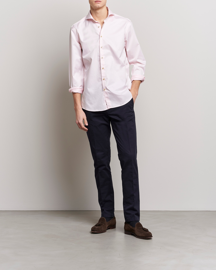 Homme | Chemises | Stenströms | Fitted Body Washed Cotton Plain Shirt Pink