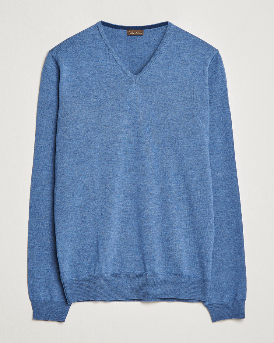 Homme | Pulls Et Tricots | Stenströms | Merino Patch V-Neck Light Blue/Blue