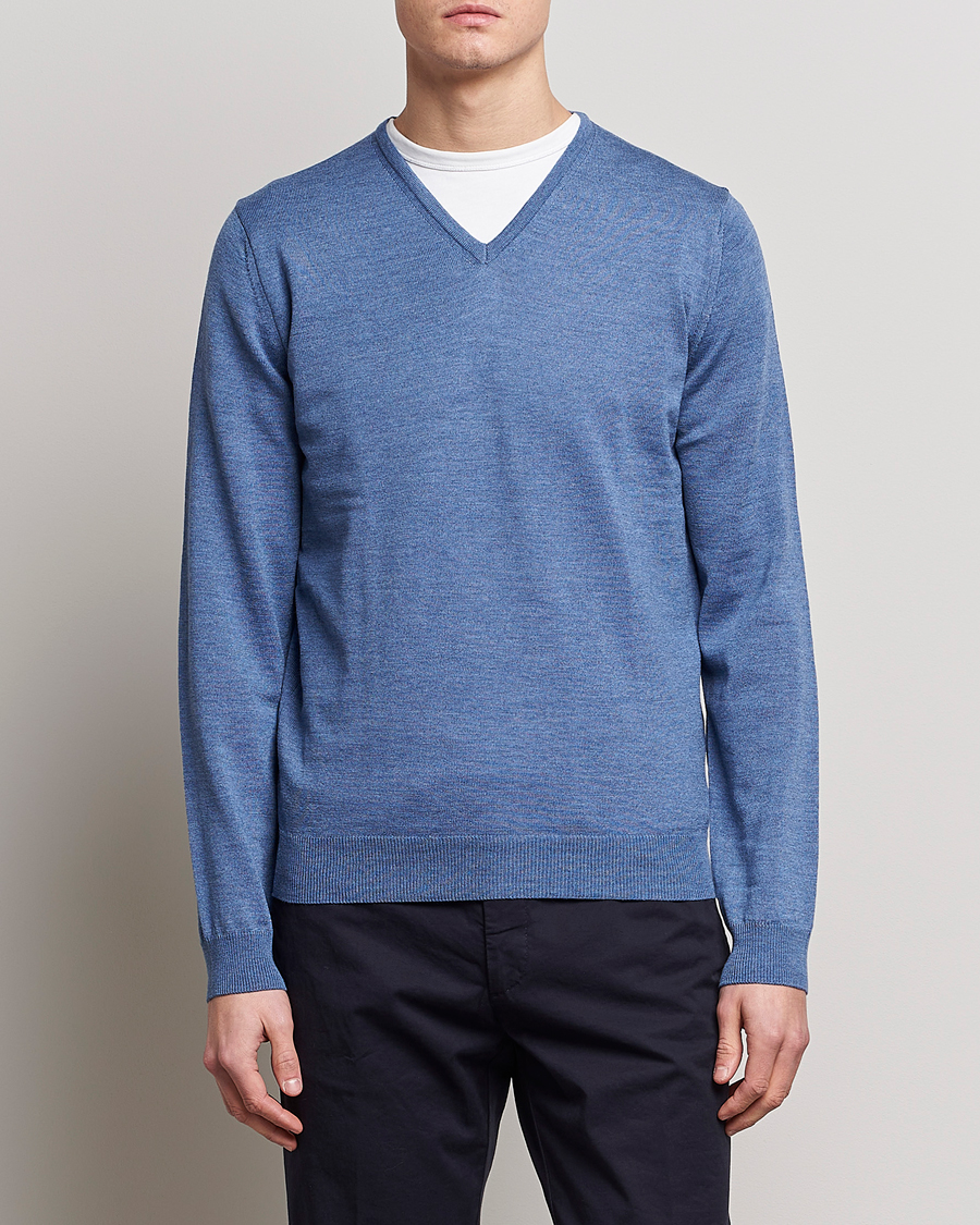 Homme | Pulls Et Tricots | Stenströms | Merino Patch V-Neck Light Blue/Blue
