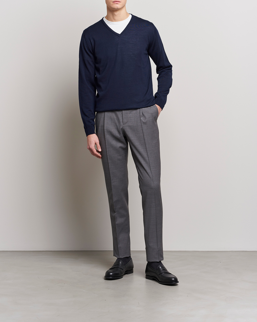 Homme | Pulls Et Tricots | Stenströms | Merino Patch V-Neck Navy/Light Grey