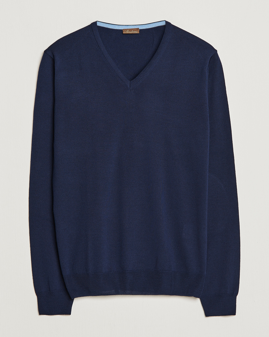 Homme | Pulls Et Tricots | Stenströms | Merino Patch V-Neck Navy/Light Blue