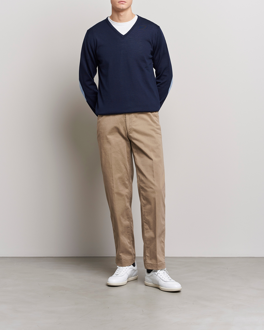 Homme | Pulls Et Tricots | Stenströms | Merino Patch V-Neck Navy/Light Blue