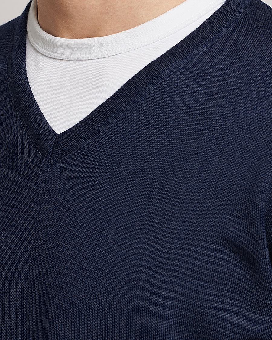 Homme | Pulls Et Tricots | Stenströms | Merino Patch V-Neck Navy/Light Blue