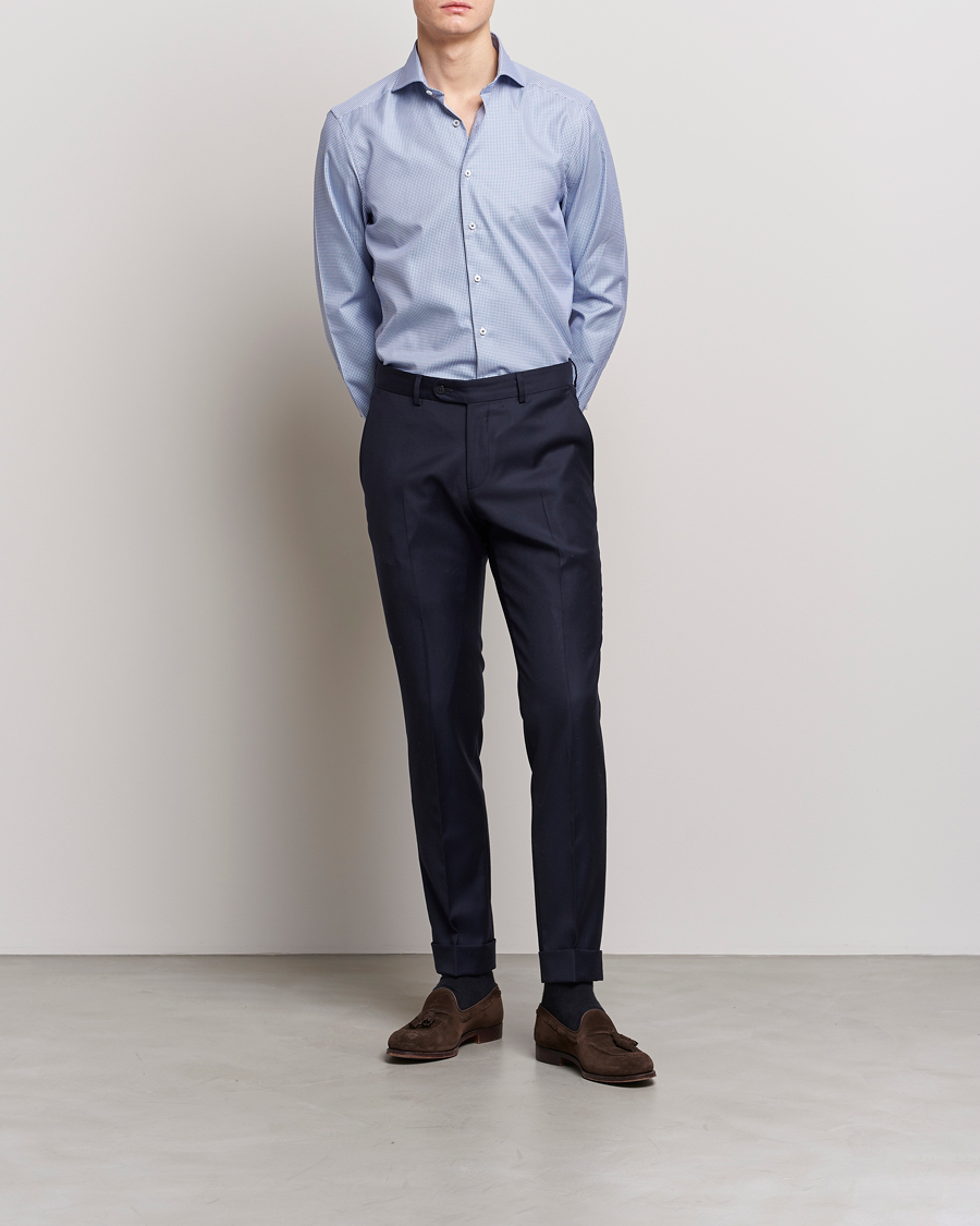 Homme | Chemises | Stenströms | Slimline Small Check Cut Away Shirt Blue