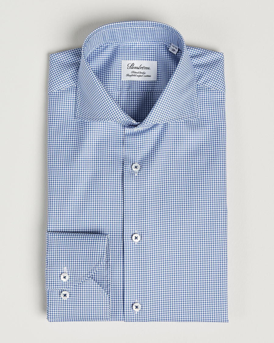Homme | Chemises | Stenströms | Fitted Body Small Check Cut Away Shirt Blue
