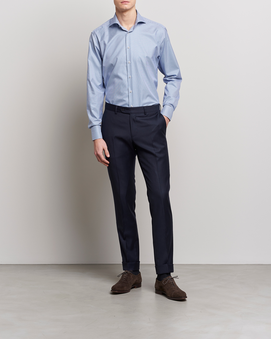 Homme | Chemises D'Affaires | Stenströms | Fitted Body Small Check Cut Away Shirt Blue