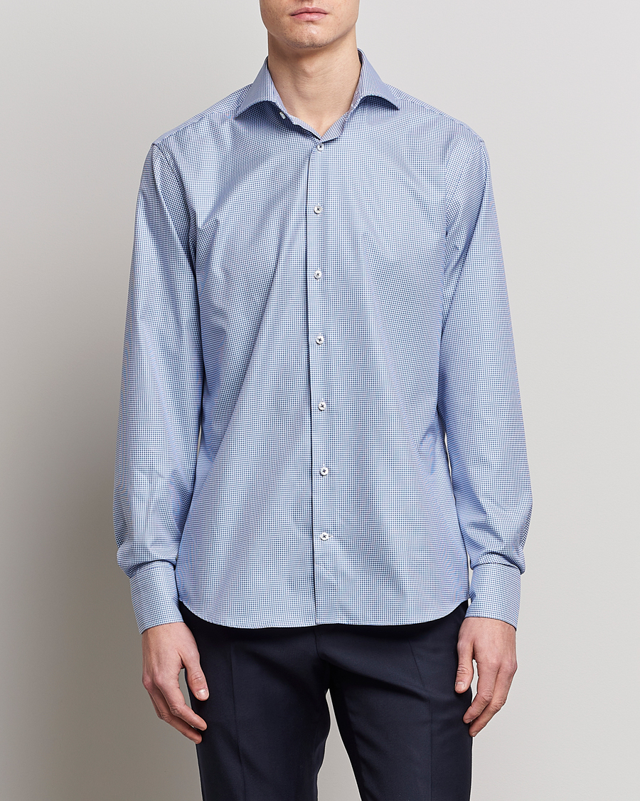 Homme | Chemises | Stenströms | Fitted Body Small Check Cut Away Shirt Blue