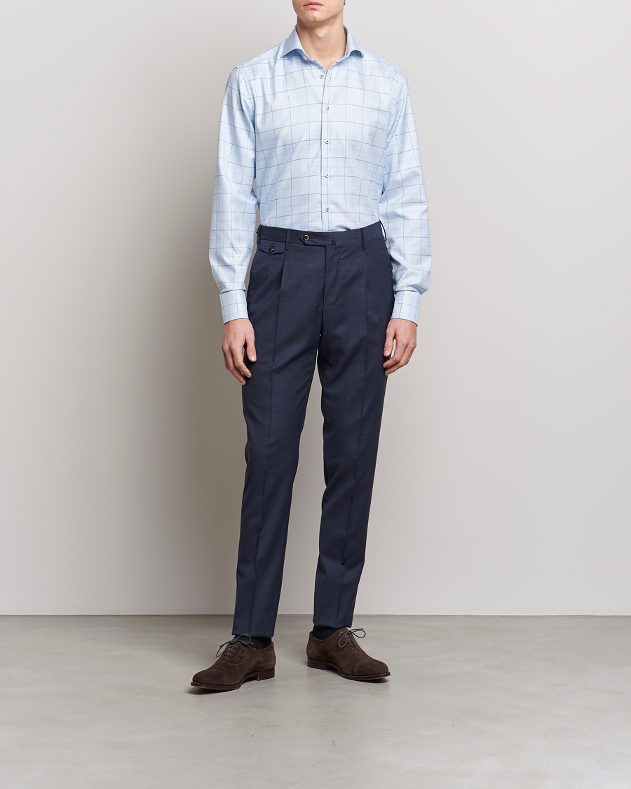 Homme | Chemises | Stenströms | Fitted Body Cut Away Windowpane Shirt Blue
