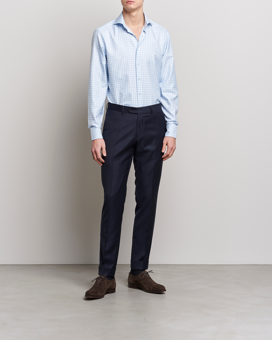Homme | Business & Beyond | Stenströms | Fitted Body Checked Cut Away Shirt Light Blue
