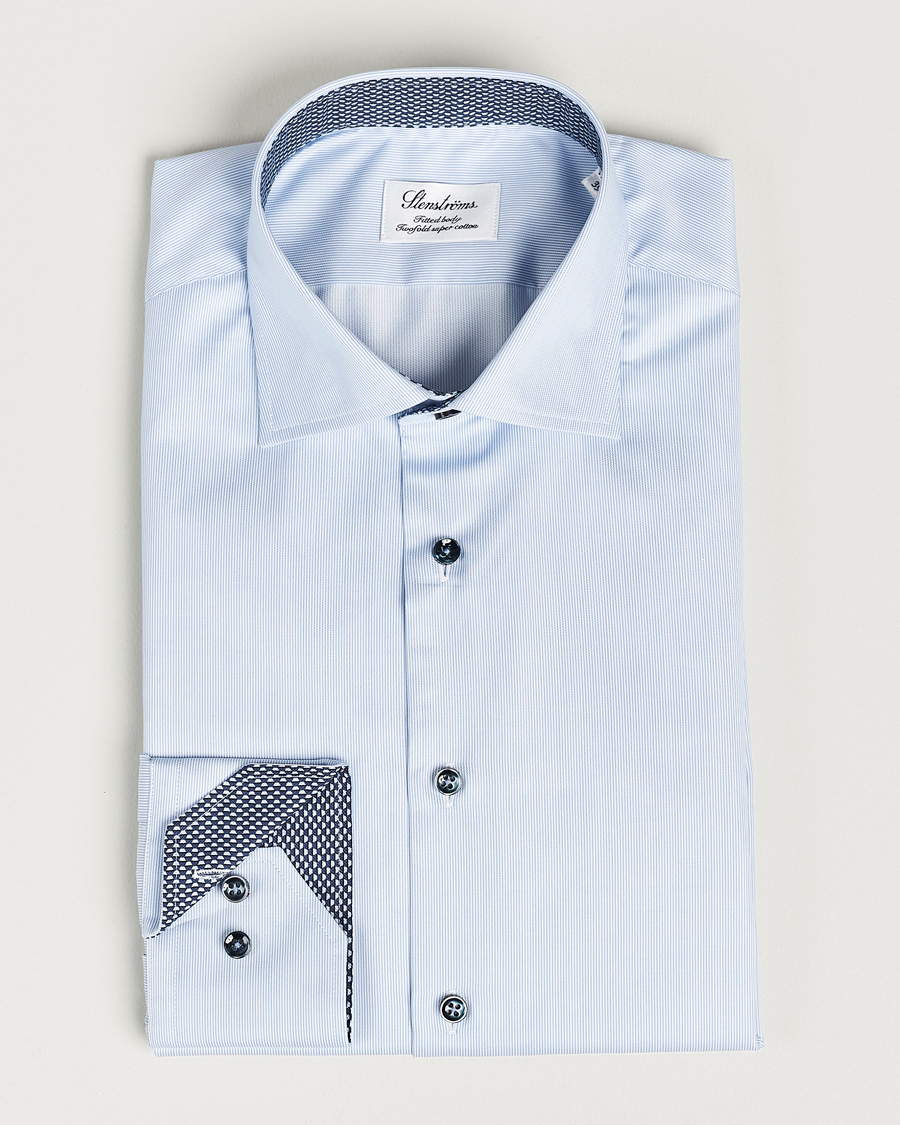 Homme | Chemises | Stenströms | Fitted Body Contrast Cotton Shirt White/Blue