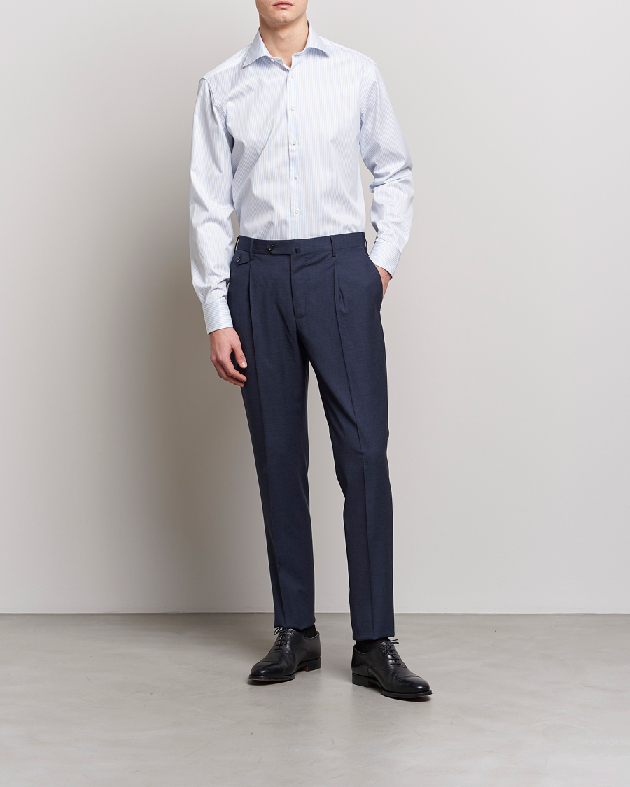 Homme | Chemises | Stenströms | Fitted Body Cotton Double Cuff Shirt White/Blue