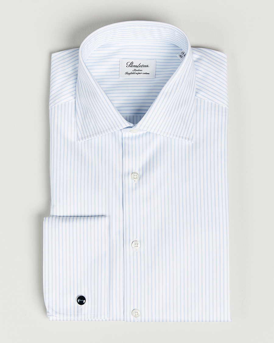 Homme | Chemises | Stenströms | Slimline Cotton Double Cuff Shirt White/Blue