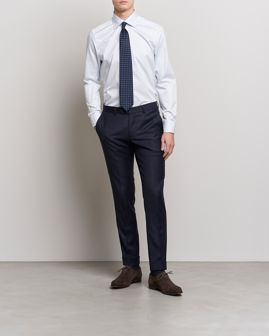 Men | Business Shirts | Stenströms | Slimline Cotton Double Cuff Shirt White/Blue