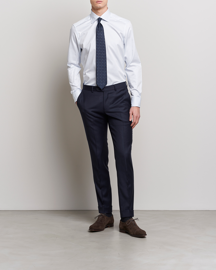 Homme | Chemises | Stenströms | Slimline Cotton Double Cuff Shirt White/Blue