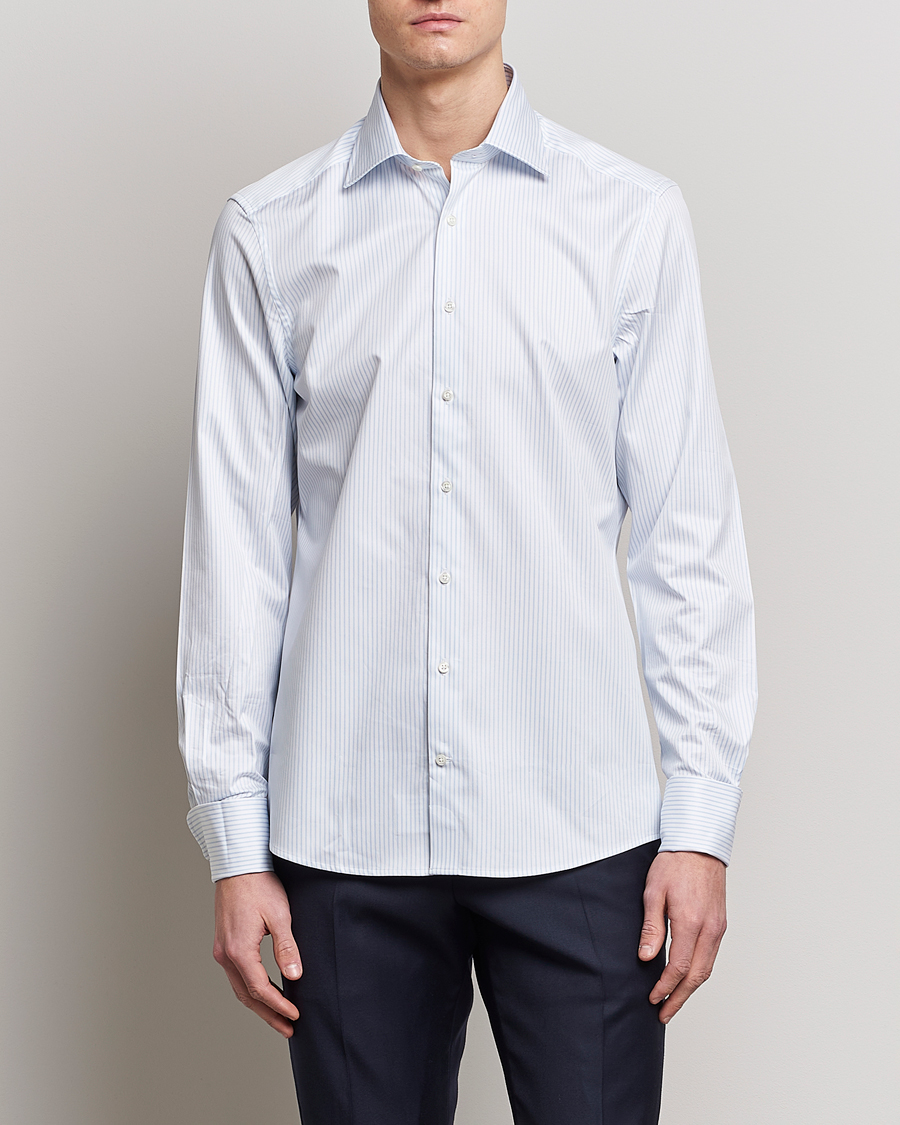 Homme | Chemises | Stenströms | Slimline Cotton Double Cuff Shirt White/Blue