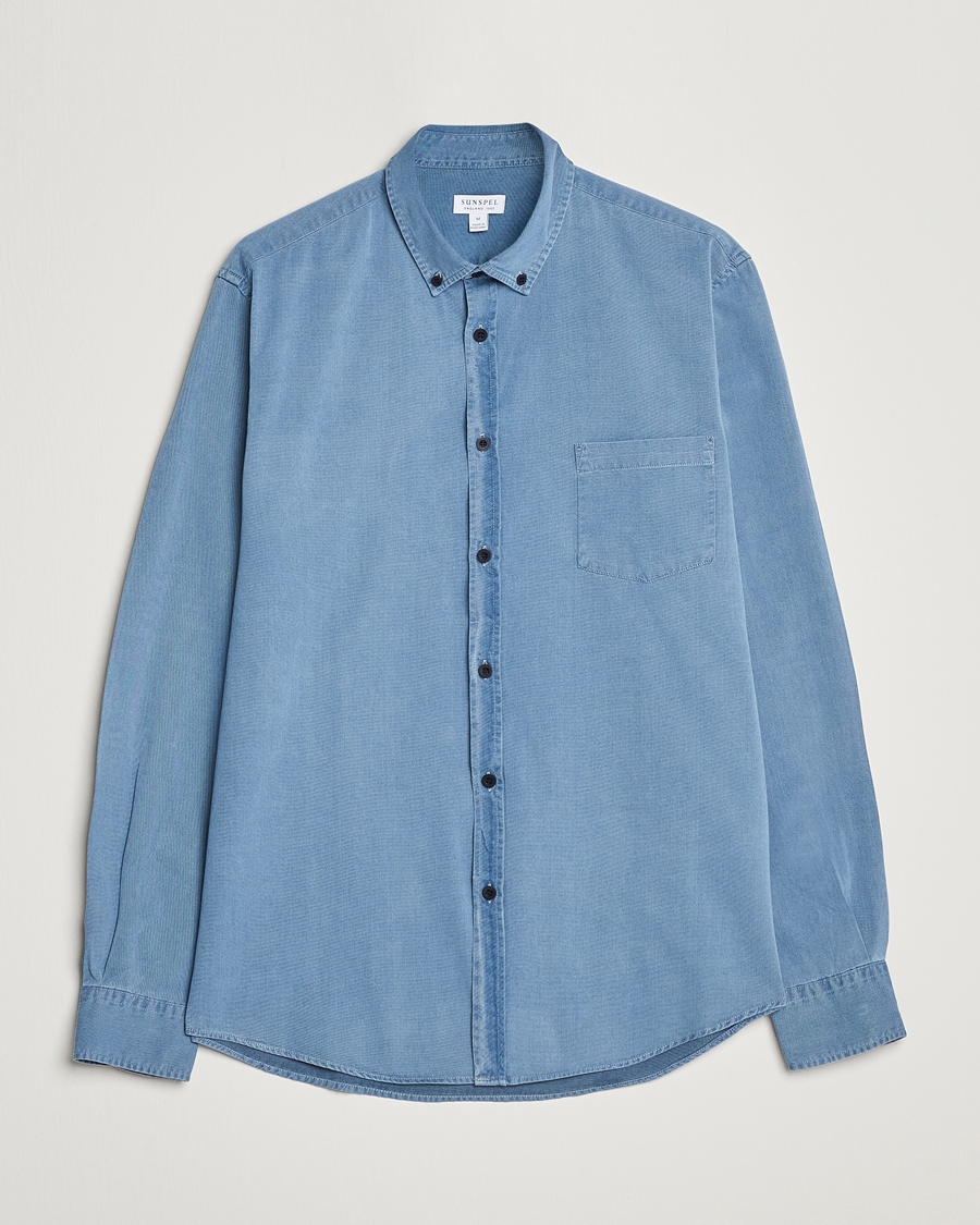Homme | Chemises | Sunspel | Cotton Twill Indigo Shirt Light Indigo