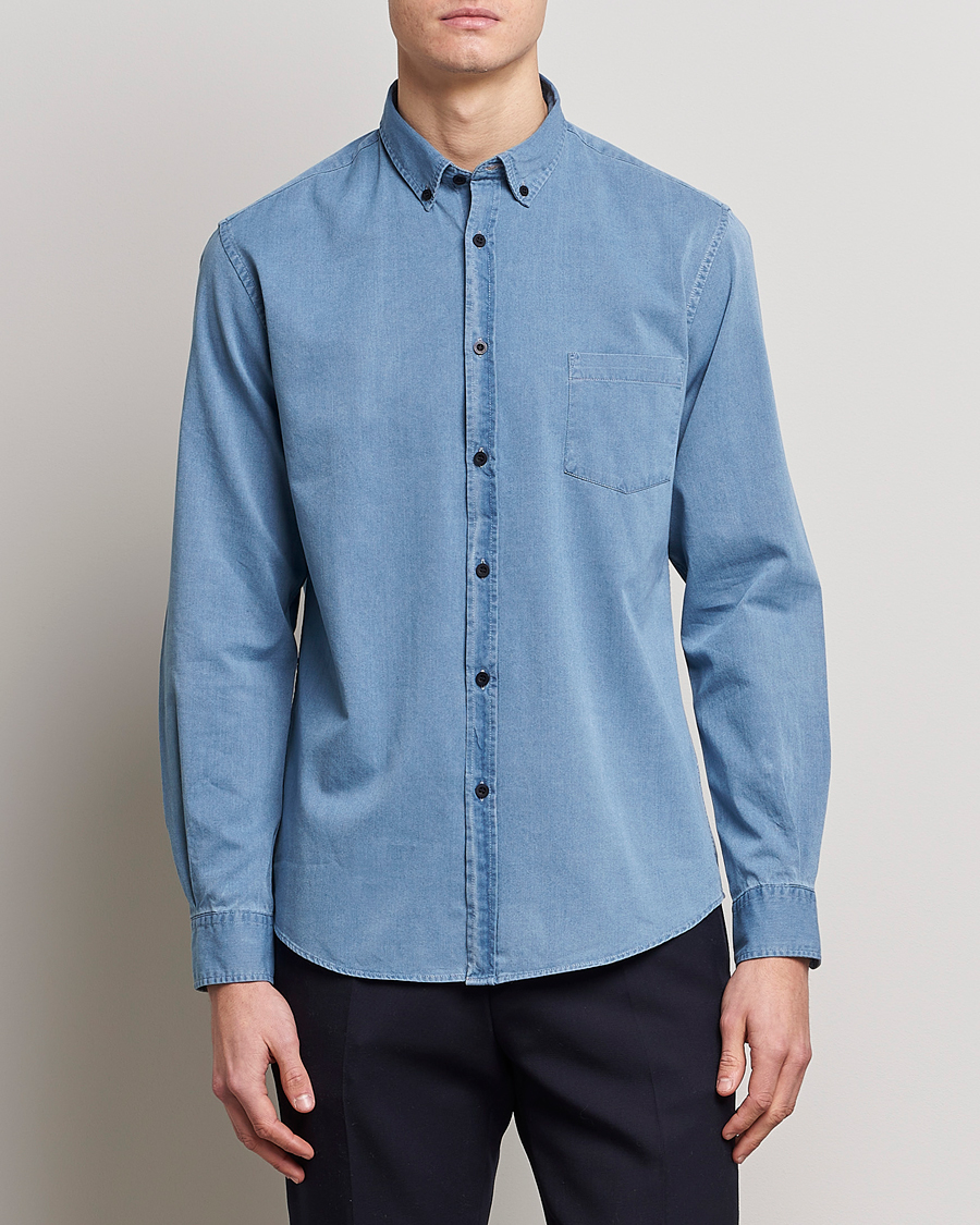 Homme | Chemises | Sunspel | Cotton Twill Indigo Shirt Light Indigo