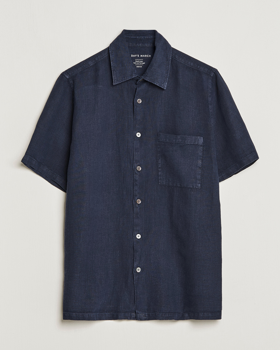 Homme | Chemises | A Day's March | Khito Short Sleeve Linen Shirt Dark Navy