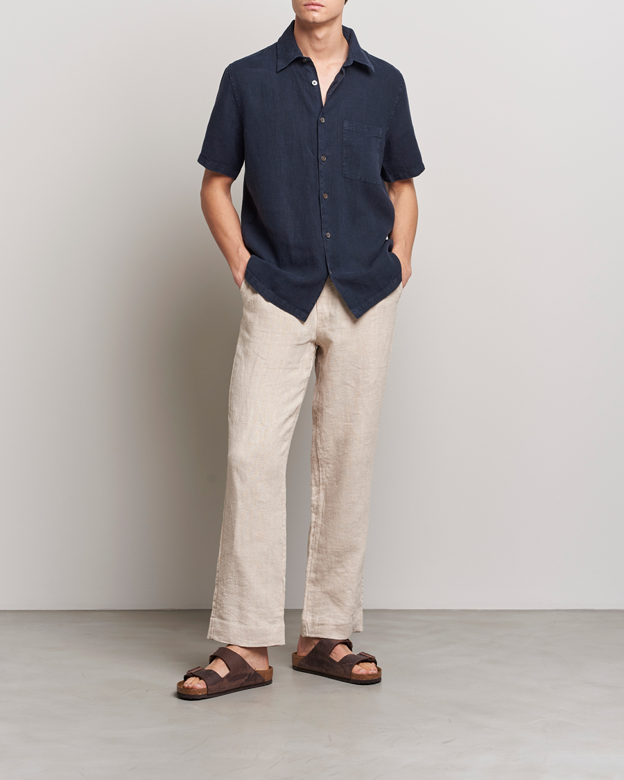 Homme | Chemises | A Day's March | Khito Short Sleeve Linen Shirt Dark Navy