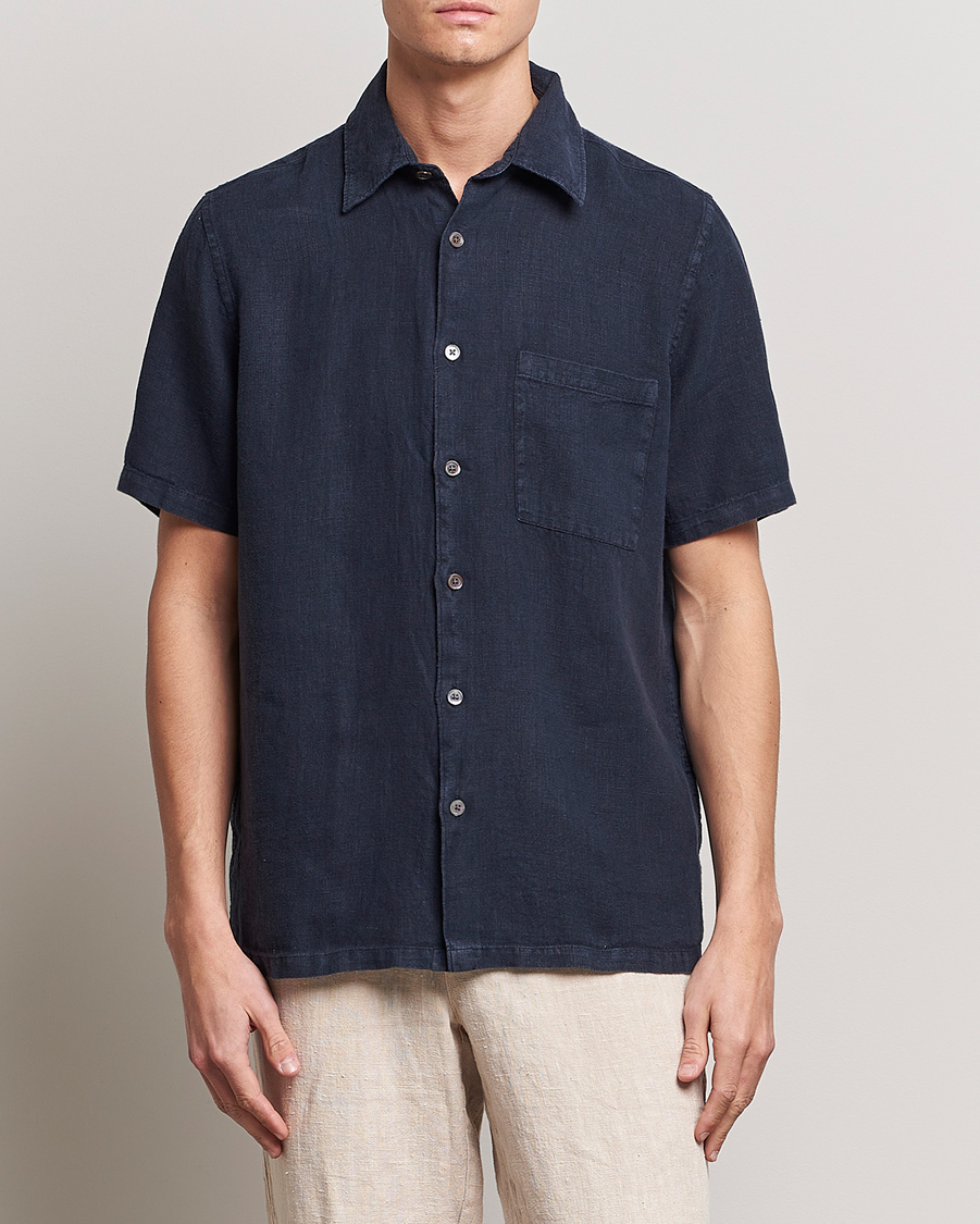 Homme | Chemises | A Day's March | Khito Short Sleeve Linen Shirt Dark Navy