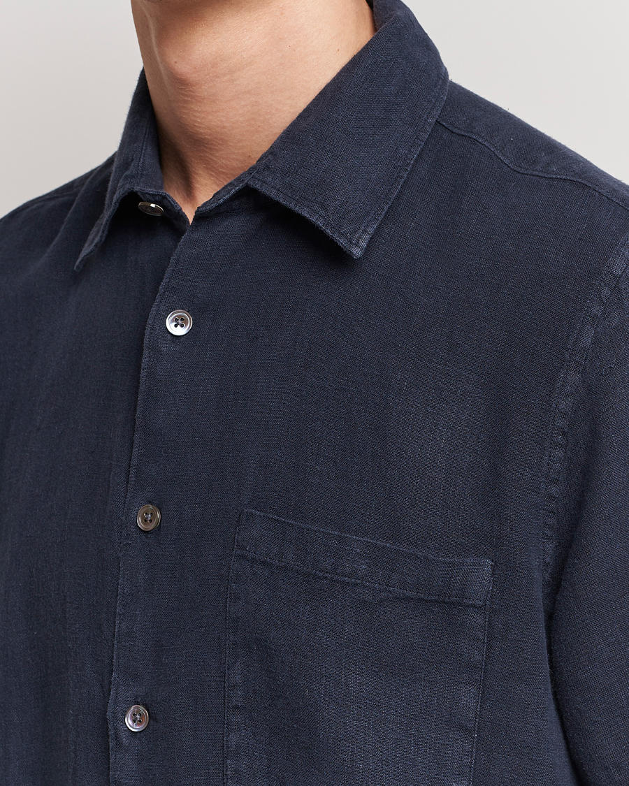 Homme | Chemises | A Day's March | Khito Short Sleeve Linen Shirt Dark Navy