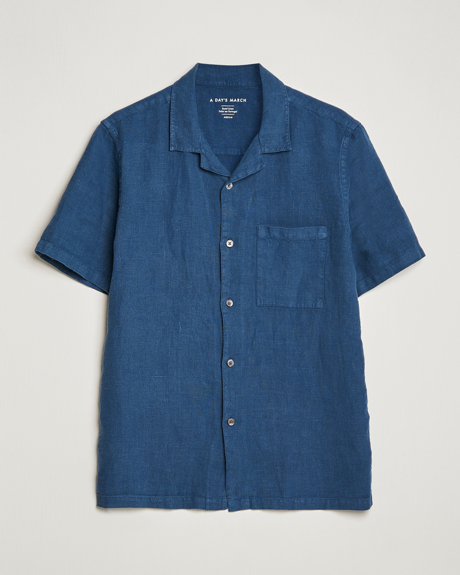Homme | Chemises | A Day's March | Yamu Short Sleeve Linen Shirt Indigo Blue