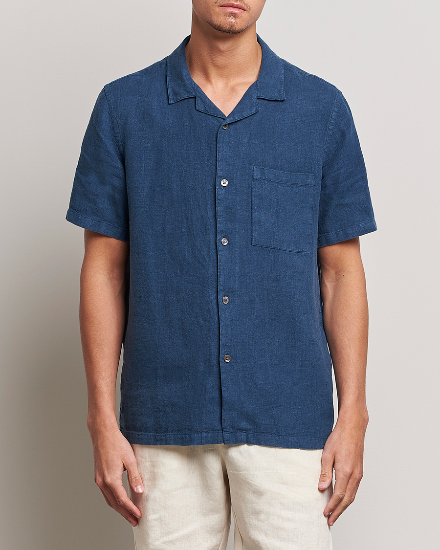 Homme | Chemises | A Day's March | Yamu Short Sleeve Linen Shirt Indigo Blue