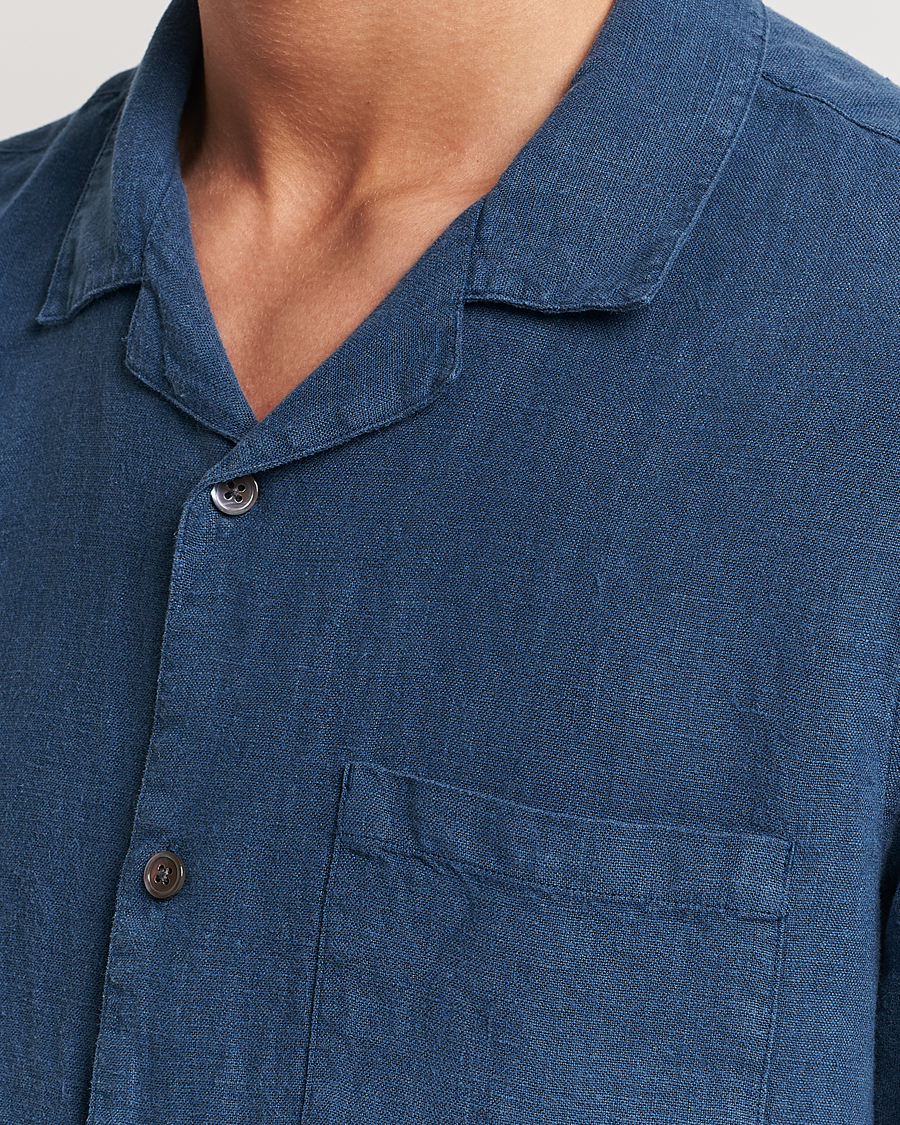 Homme | Chemises | A Day's March | Yamu Short Sleeve Linen Shirt Indigo Blue