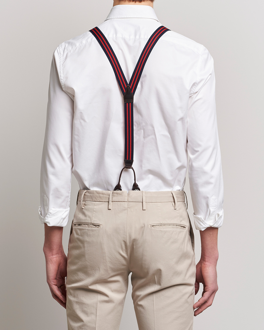 Homme | Albert Thurston Elastic Narrow Stripe Braces 25mm Navy/Red | Albert Thurston | Elastic Narrow Stripe Braces 25mm Navy/Red