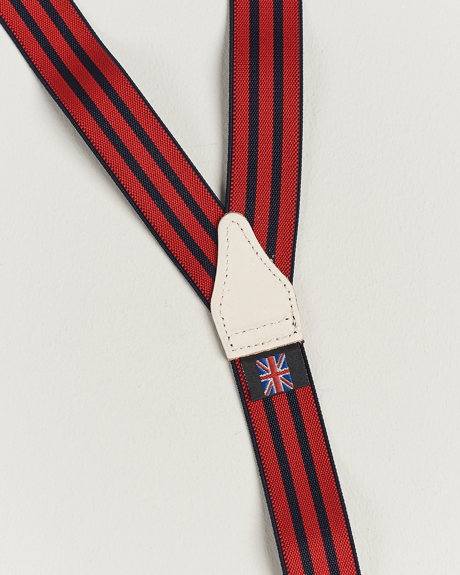 Homme | Albert Thurston Elastic Narrow Stripe Braces 25mm Navy/Red | Albert Thurston | Elastic Narrow Stripe Braces 25mm Navy/Red