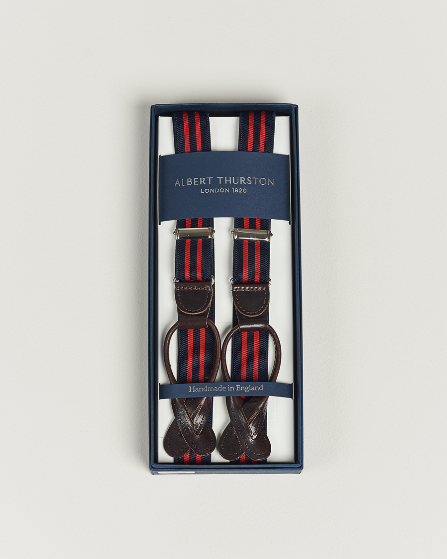 Homme | Albert Thurston Elastic Narrow Stripe Braces 25mm Navy/Red | Albert Thurston | Elastic Narrow Stripe Braces 25mm Navy/Red
