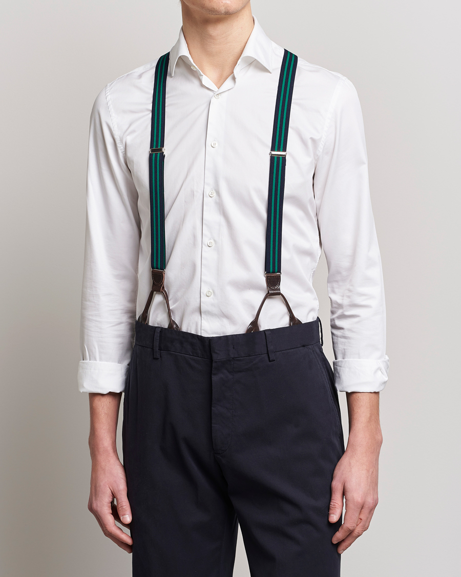 Homme | Albert Thurston Elastic Narrow Stripe Braces 25mm Navy/Green | Albert Thurston | Elastic Narrow Stripe Braces 25mm Navy/Green
