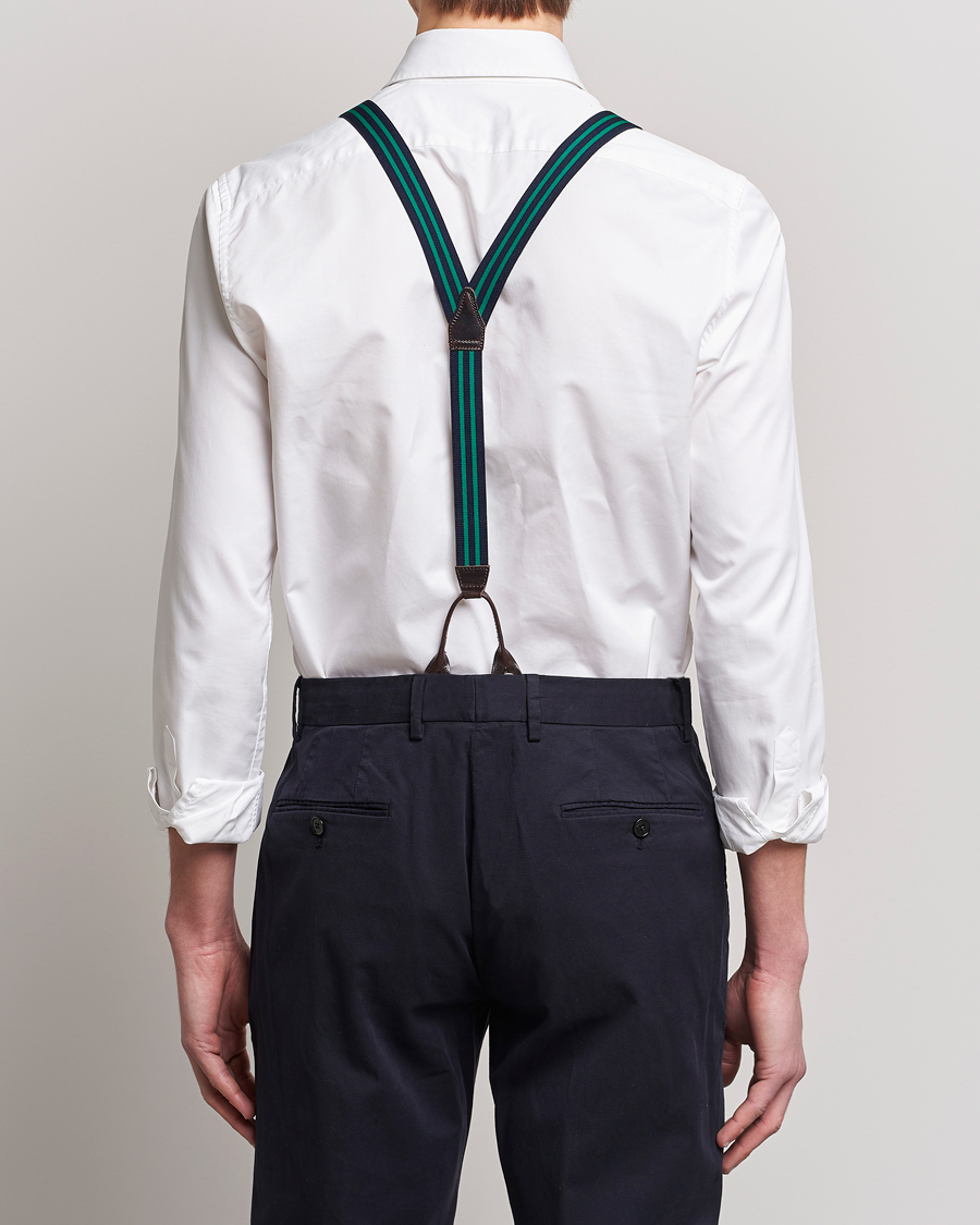 Homme | Albert Thurston Elastic Narrow Stripe Braces 25mm Navy/Green | Albert Thurston | Elastic Narrow Stripe Braces 25mm Navy/Green