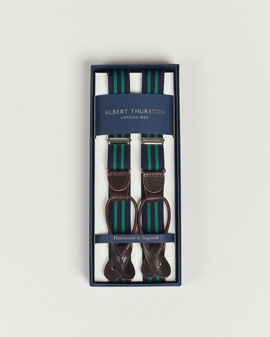 Homme | Albert Thurston Elastic Narrow Stripe Braces 25mm Navy/Green | Albert Thurston | Elastic Narrow Stripe Braces 25mm Navy/Green