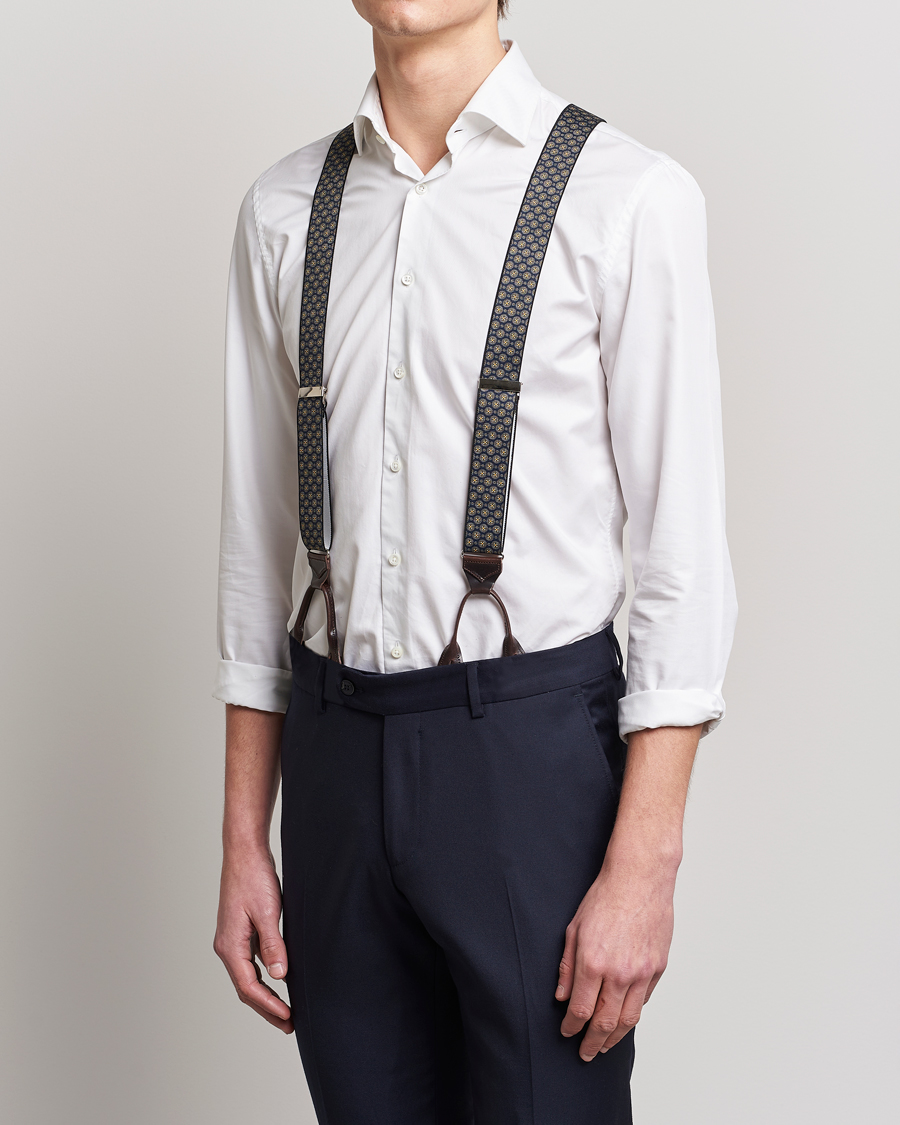 Homme | Albert Thurston Elastic Medallion Printed Braces 35mm Blue | Albert Thurston | Elastic Medallion Printed Braces 35mm Blue