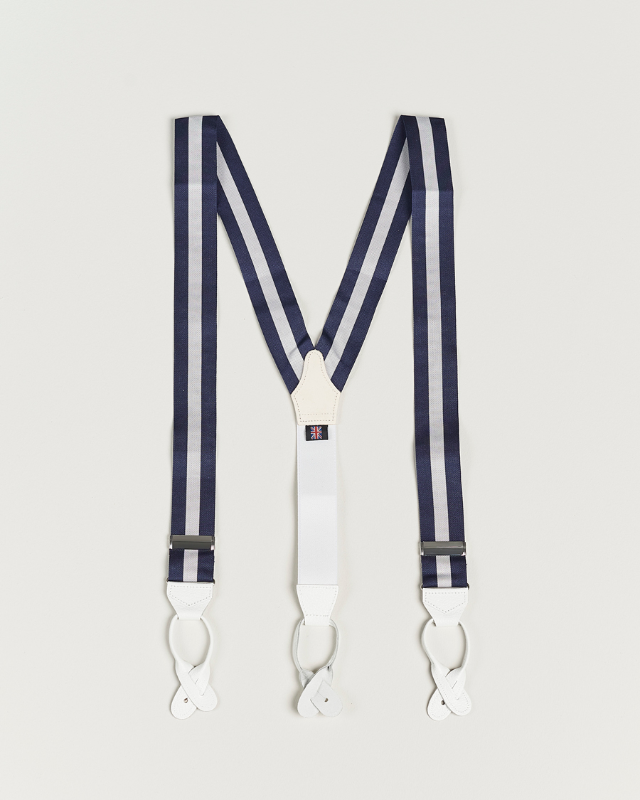 Homme | Albert Thurston Elastic Wide Stripe Braces 40mm Navy/White | Albert Thurston | Elastic Wide Stripe Braces 40mm Navy/White