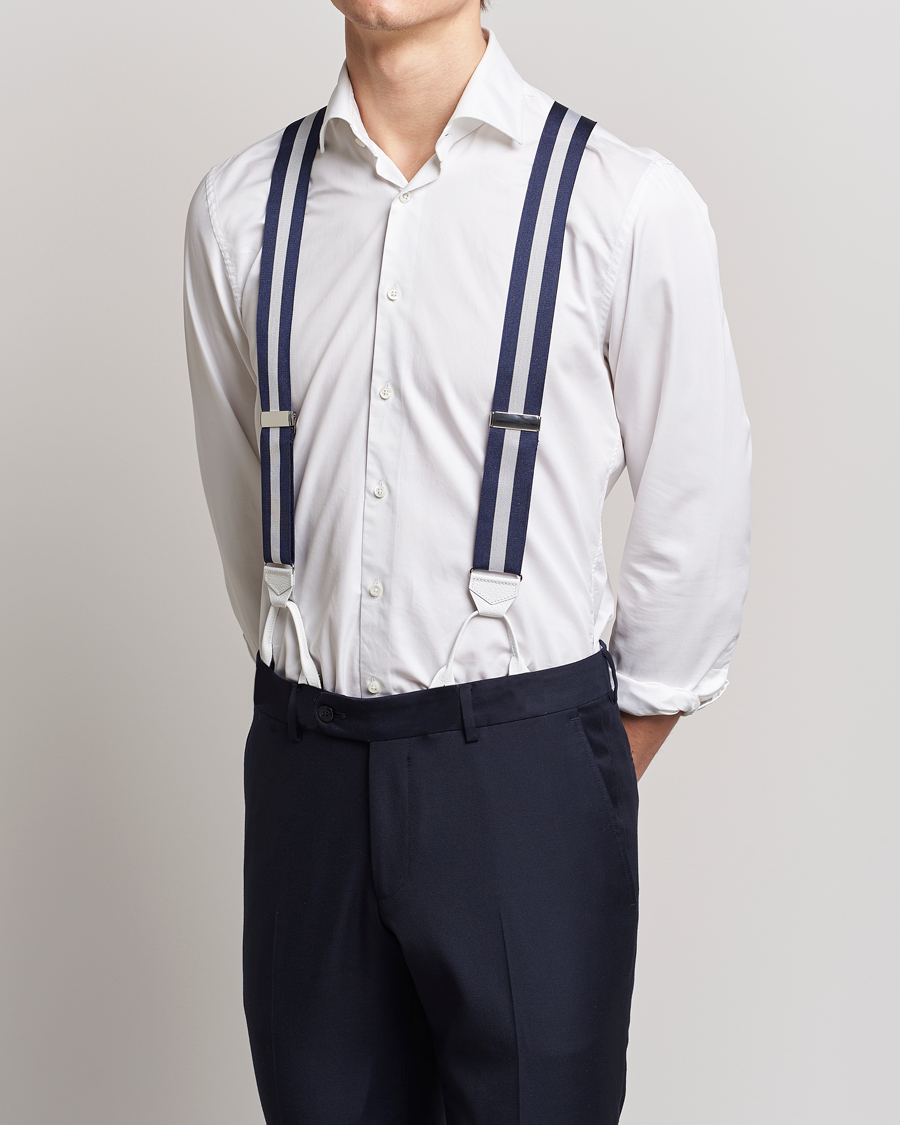Homme | Albert Thurston Elastic Wide Stripe Braces 40mm Navy/White | Albert Thurston | Elastic Wide Stripe Braces 40mm Navy/White